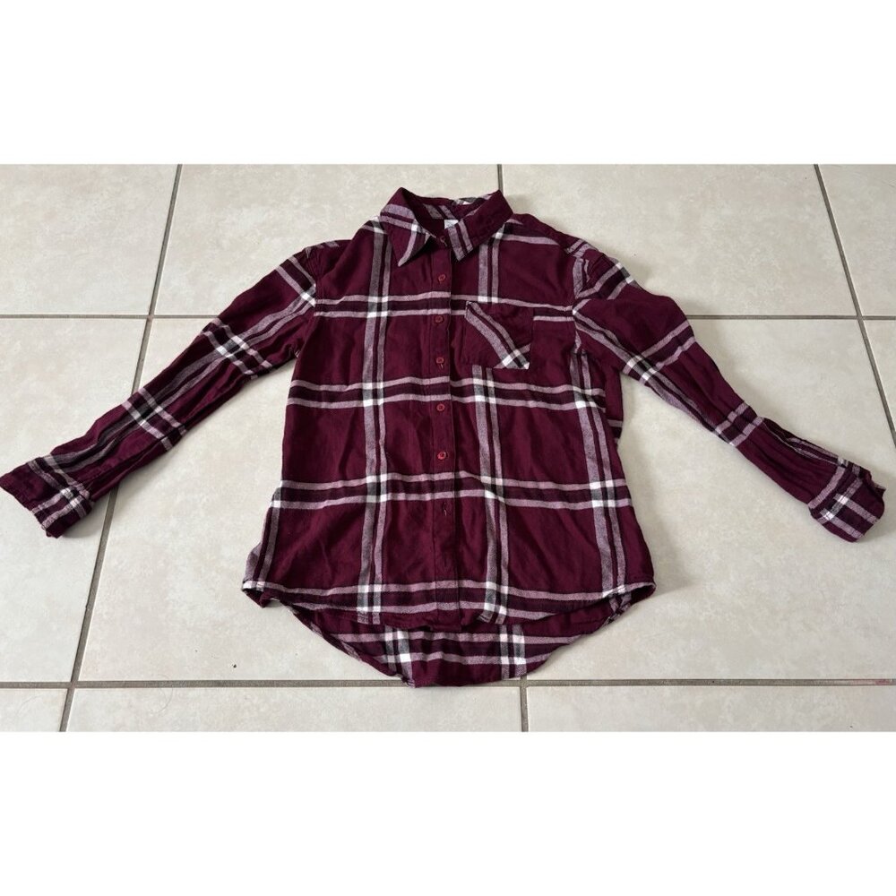 Justice Girl's Burgundy White Plaid Long Sleeve Soft Button Up Shirt Sz 12